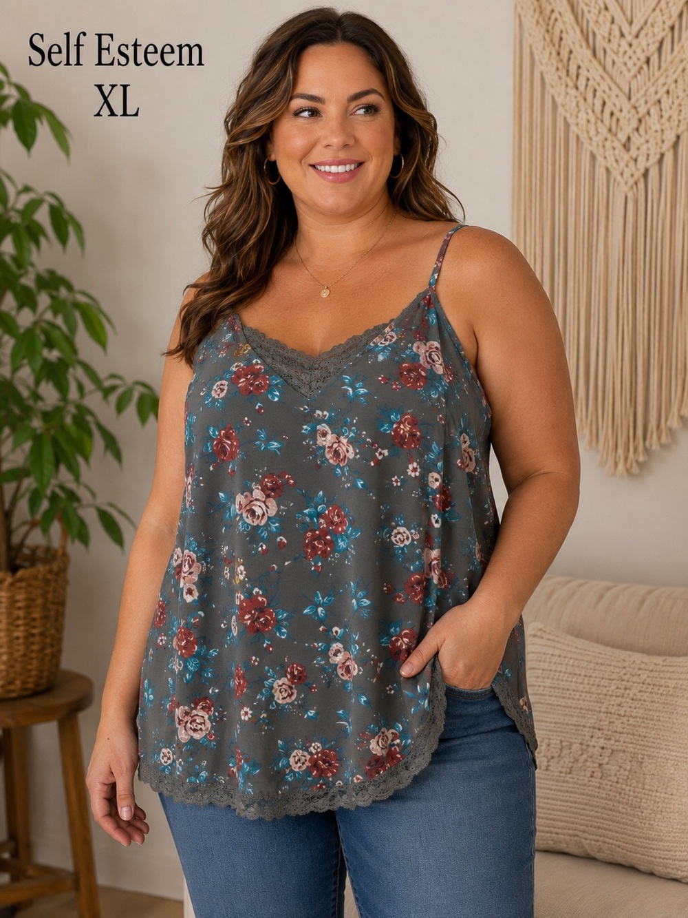 Self Esteem XL semi sheer floral cami with crochet details